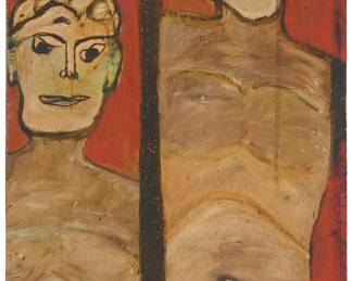 2148
Jon Serl
(1894-1993)
"Brothers Picture," circa 1960s
Oil on repurposed Masonite
Signed lower right: Jon; titled (twice) and inscribed "N14" in another hand on the verso
40.25" H x 21.5" W
Estimate: $1,500 - $2,500
