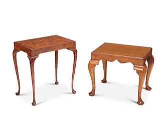 2258
Two Queen Anne-style wood side tables
20th century
One with tag: Made in England for Riffemoor Inc.; the other with tag: Custom crafted for The Old Salem House
Each raised on curvilinear legs ending in pad feet, one burlwood
2 pieces
Taller: 20.25" H x 19.25" W x 13.25" D; Shorter: 17" H x 20.5" W x 16.25" D
Estimate: $500 - $700