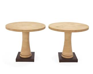 2024
A pair of Dominic Chambon side tables for D C & Company
Late 20th century
Each with metal tag to underside: D C & Company / [logo] / Paris / Made in France / Dominic Chambon / Création
Each clad in a faux shagreen, set on a square wood base
2 pieces
Each: 29.5" H x 31.25" Dia.
Estimate: $700 - $900