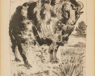 2019
Pablo Picasso
(1881-1973)
"Le Bélier," from "Eaux-fortes originale pour des textes de Buffon (Histoire naturelle)," 1936
Aquatint and drypoint on laid paper, with an unidentified watermark
Edition: II/IV (aside from the edition of 226), published in 1942
Signed and numbered in Roman numerals in pencil in the lower margin: Martin Picasso; Fabiani, Paris, prntr.; Roger Lacourière, Paris, pub.
Image: 10.625" H x 8.25" W; Sheet: 14.375" H x 10.75" W
Estimate: $400 - $600