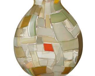 2153
Robin Mix (b. 1959)
A 'Crazy Quilt' art glass vase, 1998
Etched signature and date to underside: Robin Mix
Patchwork glass
10.5" H x 8.625" W x 3.875" D
Estimate: $300 - $500