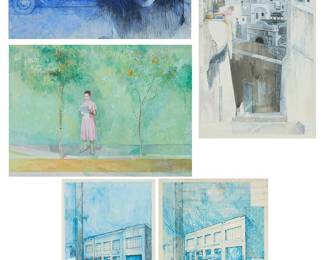 2210
A group of Mario Armond Zamparelli (1921-2012), women subjects
A group of five gouache, watercolor, colored pencil, and mixed media illustrations on artist's board, and one on thick paper
Subjects include a portrait of a woman with a vintage automobile behind her, a woman reading the newspaper under trees, a woman watching a city scene from her balcony, and a woman walking away from the street; two works are signed "Zamparelli" and dated "1949" or "1987" in pencil directly under the image, at right; the others unsigned and estate stamped, verso
Smallest image: 13" H x 8.5" W; Largest image: 13.125" H x 18.75" W; Smallest artist's board: 20" H x 19" W; Largest artist's board: 20" H x 30" W
Estimate: $200 - $400