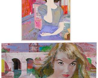 2209
Mario Armond Zamparelli (1921-2012)
Two works, possible commercial illustrations; one featuring a brunette-haired seated woman with a street scene behind her; the other shows a blonde-haired woman with an architectural scene behind her
Each: Gouache, watercolor, colored pencil, and mixed media on artist's board
Each: Unsigned; estate stamped verso
Smallest image: 14" H x 11" W; Largest image: 13.25" H x 22" W; Smallest artist's board: 18.25" H x 25.5" W; Largest artist's board: 19.25" H x 25.125" W
Estimate: $200 - $400