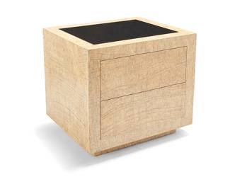 2284
A Modern small chest of drawers
Late 20th century
The two-drawer wood chest clad in an abstract grain pattern, with a black stone inset top
29.25" H x 31.25" W x 25.25" D
Estimate: $200 - $400