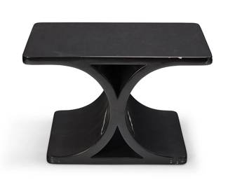 2157
A Karl Springer-style lacquered wood side table
Late 20th century
Unmarked
In the style of the 'JMF' table designed by Karl Springer (1931-1991), the hourglass-form table constructed of formed black lacquered wood
18.25" H x 28.5" W x 18.25" D
Estimate: $400 - $600