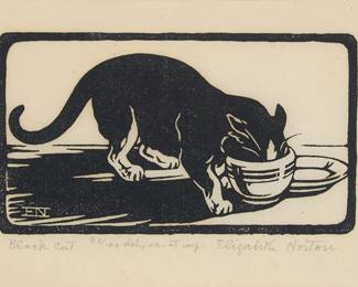 2006
Elizabeth Norton
(1887-1985)
"Black Cat," 1929
Woodcut on paper
Edition: 83/100
Signed, titled, numbered, and inscribed "del., sc. et imp.," all in pencil in the lower margin: Elizabeth Norton; with the artist's stylized initials in the lower left corner of the block
Image: 3.25" H x 6" W; Sight: 4.75" H x 7.5" W
Estimate: $300 - $500