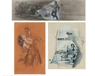 2207
A group of Mario Armond Zamparelli (1921-2012) RKO Pictures artwork
A group of six mixed media illustrations on artist's board, one on thick, heavy paper, and one on paper mounted to artist's board
Subjects include a group of figures watching in horror, a man caught in the headlights of an approaching car, a man stopping a woman with a gun, sailors near a woman at the beach, a nude figural of a woman in profile, and a portrait of a woman with flowers behind her
One work signed "Zamparelli" and dated "1955" in pencil, directly below the image, at right; others unsigned and estate stamped verso; the work of the man caught in the headlight of an approaching car, with pencil work notations, presumably in the hand of the artist
Smallest image: 15" H x 12.25" W; Largest image: 9.75" H x 22.5" W; Smallest board: 14.5" H x 20.5" W; Largest board: 20" H x 30" W
Estimate: $200 - $400