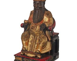 2219
An Asian carved wood figure of Baosheng Dadi
20th century
The painted and gilt figure depicted seated in a horseshoe chair
16" H x 8" W x 7.5" D
Estimate: $400 - $600