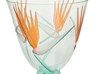 2093
A Jerry Cebe art glass vase
1985
Edition: 26/500
With etched signature, date, and number to base underside: cebe / 10/85
The body cut-in with bird of paradise motif raised on a square foot
11.5" H x 11" Dia.
Estimate: $300 - $500