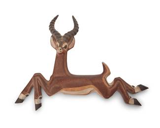 2110
Betty Davenport Ford (b. 1924)
A glazed stoneware figure of an African gazelle, late 20th/early 21st century
With artist's impressed chop mark verso
Wall-mounted plaque
12" H x 6.75" W x 2.75" D
Estimate: $300 - $500
