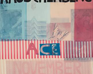 2027
After Robert Rauschenberg
(1925-2008)
"Rauschenberg / Ace / November / Venice USA" exhibition poster, 1977
Offset lithograph in colors on paper
From the edition of unknown size
Signed, inscribed, and dated in black marker along the lower edge: For Fran + Donald [heart symbol] Bob Rauschenberg 77; ACE Gallery, Venice, CA, pub.
Sight: 47.5" H x 35.5" W
Estimate: $600 - $800
