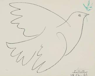 2002
After Pablo Picasso
(1881-1973)
"Colombe de la Paix" (Dove of Peace), 1961
Offset lithograph in colors on off-white wove paper
Edition: 110/200
Signed and numbered in pencil in the lower margin: Picasso; also signed and dated "28.12.61" in the stone at lower right
Sight: 19" H x 24" W Framed: 34.5" x 40"
Estimate: $2,000 - $3,000
