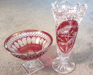 2 Ruby Red Cut to Clear Crystal Vase & Compote