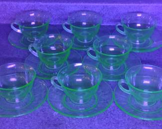 Setting for 8 Uranium Glass Teacup & Saucer Set
