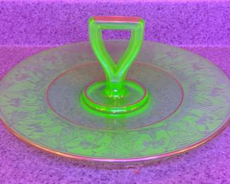 Uranium Glass & Gold Center Handle Serving Tray
