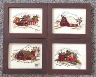 4 Dorothy Holt Signed Needlepoint Farm Framed Art