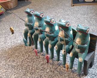 Folk Art Wood Carved Fishing Frogs