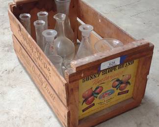 Vintage Wood Peach Crate w/ Glass Vases