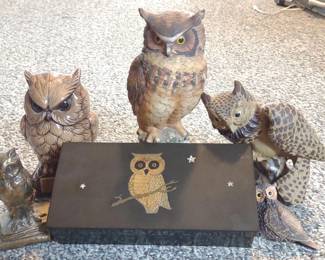 5 Owl Figurines w/ Wooden Owl Inlaid Box