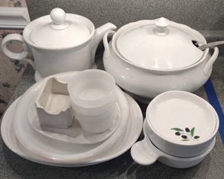 White Ceramic Kitchen Tureen, Teapot & Dishes