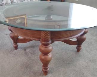Wood & Glass Round Herringbone Coffee Table