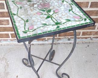 Wrought Iron & Mosaic Tile Top Plant Stand / Table