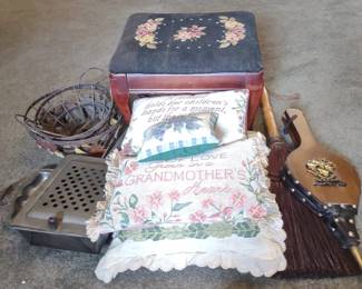 Needlepoint Stool, Fireplace Bellow & Wire Baskets