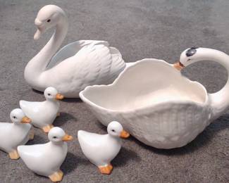 Ceramic Swan Bird Figurines & Gravy Bowl