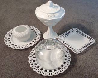 Lace Milk Glass Serving Plates & Lidded Compote
