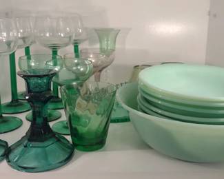 Jadeite Fire King Bowls & Green Stemware Glasses