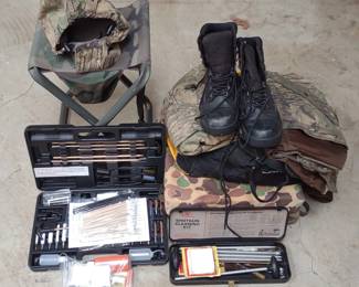 Hunting Gear Lot (Gun Cleaning kit, stool...)