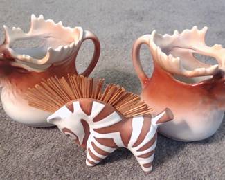 2 Figural Moose Creamers & Zebra Toothpick Holder