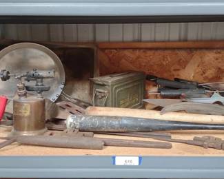 Antique Hand Tools, Ammo Box, Bats & Torch