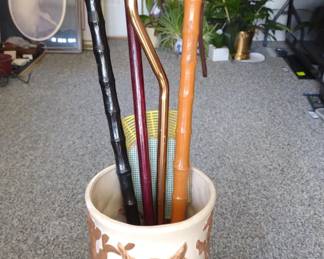 Ceramic Owl Umbrella Stand & Carved Handle Canes
