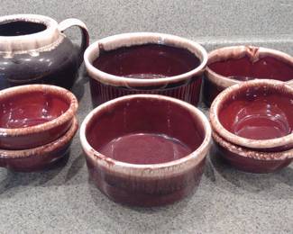 Brown Drip Ware Pottery Baking Bowls & Pitcher