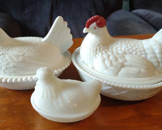 3 Vintage Glass Hen on Nest Candy Dishes