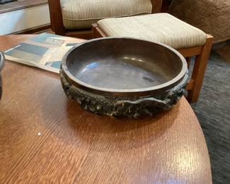 Vintage African Hand Carved Ebony wood bowl with Rhino Elecphant and Cheetah