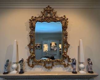 Gilt Wood Rococo Style Wall Mirror (53"H x 36"W) with Lladro Porcelain Geishas & Chelsea House White Obelisk Structures