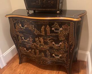 Drexel Et Cetera Collection Serpentine Chinoiserie Chest of 3 Drawers (40"W x 16"D x 32"H) with Black Lacquered Tea Caddy