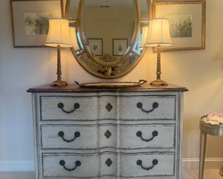 Drexel Heritage French Provincial Style 3 Drawer Chest of Drawers (54"W x 21"D x 39"H) with Oval Gold Gilt Segmented Frame Wall Mirror (36"W x 48"H) & Matching Chelsea House Table Lamps