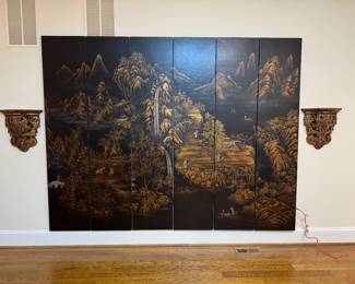 Chinese Coromandel 6 Section Lacquer Screen / Room Divider (6 Section - 18"W x 84"H each) with Carved Wood Shelves