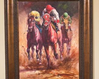 Framed Original Oil on Canvas of Horse Race Signed R. Harris (30"W x 40"H)