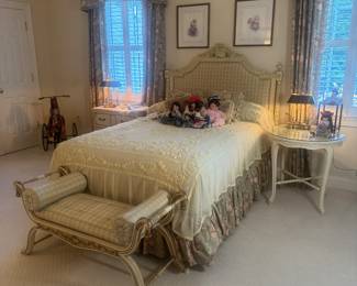French Antique Louis XVI Full Sized Upholstered Headboard Bed (58"W x 60"H) with Regency-Style Giltwood Upholstered Bench (48"W x 19"D x 23"H) & Round with Glass Top Caned French Louis XIV Side Table (27"D x 28"H)