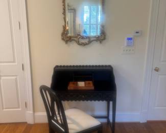 Hickory Chair Black 1 Drawer Desk (34"W x 19"D x 40"H) with Accompanied Upholstered Seat Side Chair with Gold Gilt French Louis XVI Rococo Style Mirror (26-1/2"W x 45"H)