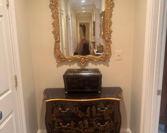 Drexel Et Cetera Collection Serpentine Chinoiserie Chest of 3 Drawers (40"W x 16"D x 32"H) & Louis XV Style Gold Gilt Wall Mirror (28"W x 48"H)
