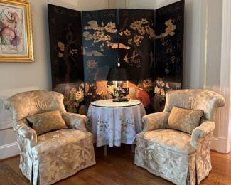 Gold Upholstered Matching Armchairs (27-1/2"W x 32"D x 39" Back Height) with Chinese Coromandel Folding Screen / Room Divider (4 Panels - 24"W x 1"D x 84"H each), Round Designer Table & Maitland Smith Bronze Bouilette Lamp