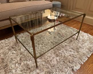 Brass Rectangular Two Tiered Glass Coffee Table (36"W x 24"D x 19"H) & White Shag High Pile Rug (46"W x 62"L)