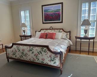 French Louis XIV Style Eastern King Floral Motif Upholstered Bed (86"W x 52" Headboard Height / 32" Footboard Height) & Louis XVI Demilune Side Table (2 Available / 15"D x 35"W x 32"H) with Festoni Table Lamp (2 Available)