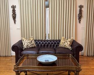 Classic Leather Tufted 3 Seat Dark Brown Leather Chesterfield Sofa (92"W x 36"D x 30" Back Height) & Lillian August Drexel Heritage Rectangular Mahogany Coffee Table (30"D x 50"W x 23"H)