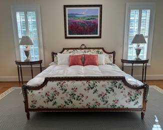French Louis XIV Style Eastern King Floral Motif Upholstered Bed (86"W x 52" Headboard Height / 32" Footboard Height) & Louis XVI Demilune Side Table (2 Available / 15"D x 35"W x 32"H) with Festoni Table Lamp (2 Available)